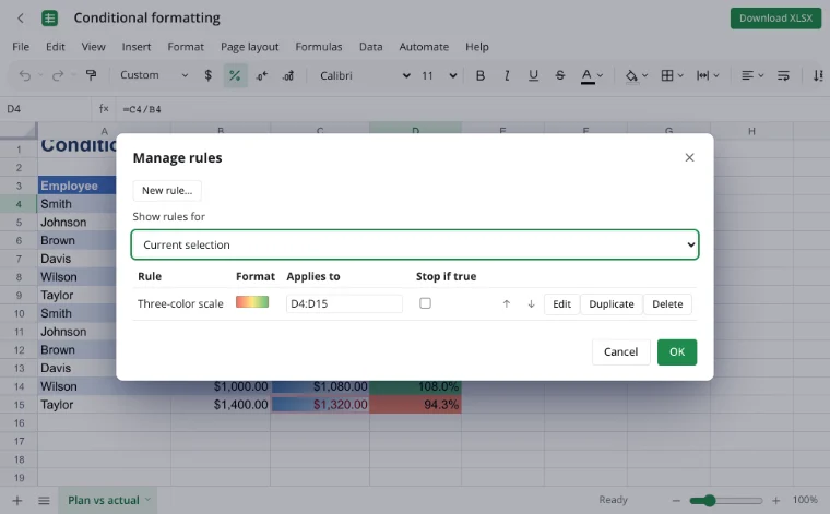 Conditional formatting — the “Manage rules” dialog with its list of rules