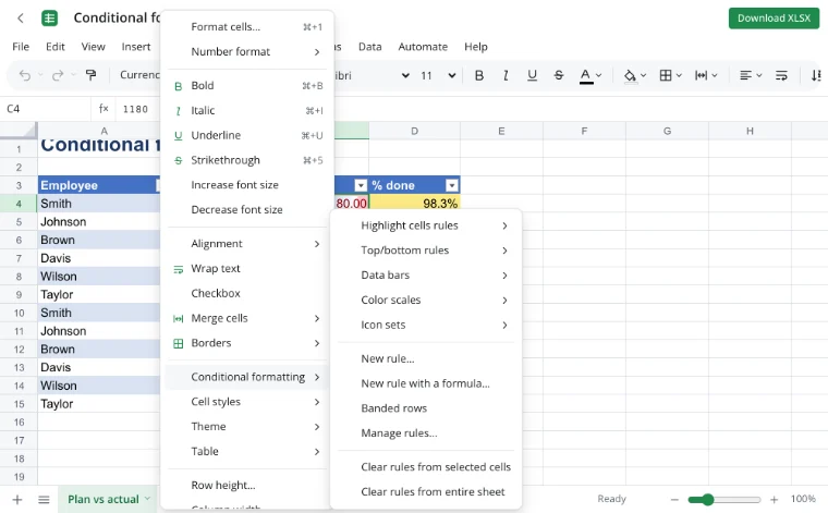 Conditional formatting — the Format menu with its conditional formatting submenu