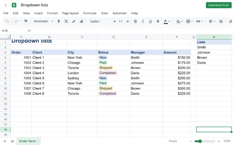 Drop down list Excel — an order form with colored status chips and lists