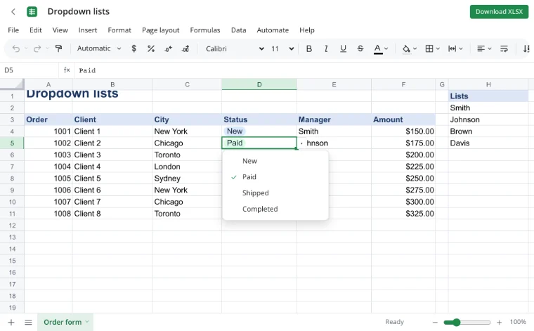 Drop down list Excel — the status list open under a cell