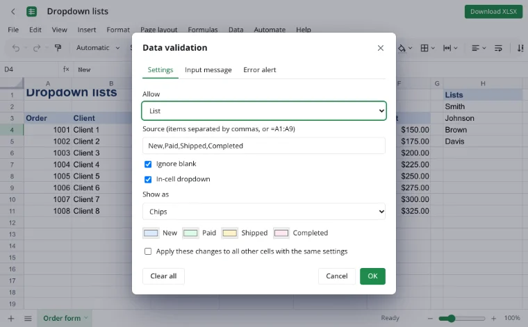 Drop down list Excel — the “Data validation” dialog with a list source