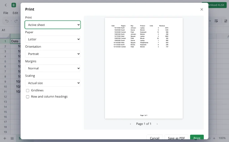Excel to PDF — the finished PDF and the download button