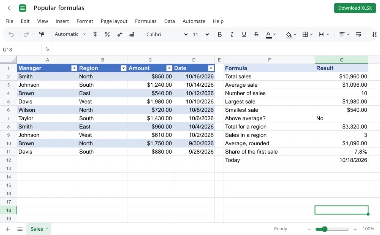 Excel formulas — a sales table and the “formula → result” block