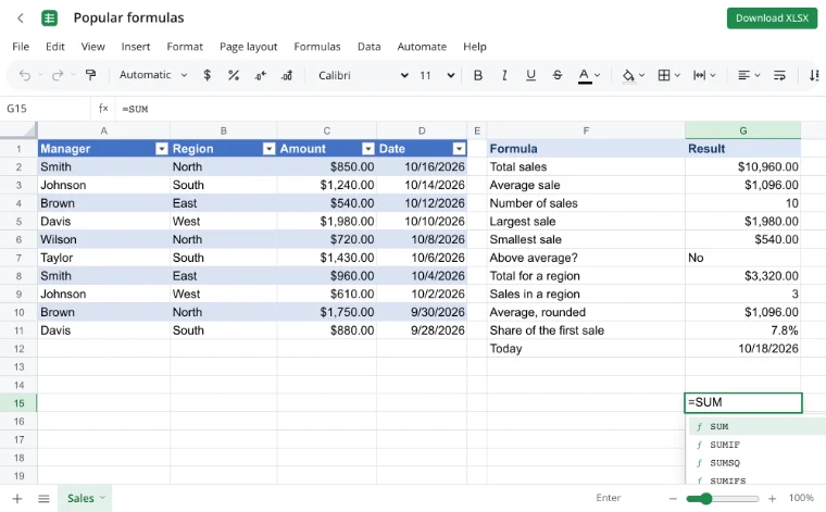 Excel formulas — the function list while typing =SUM