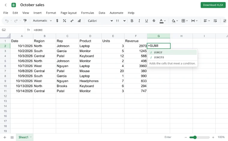 Spreadsheet function reference: Type an equals sign