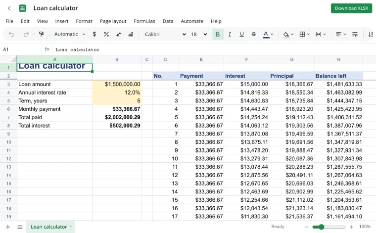 Loan calculator with amortization schedule: Enter the terms