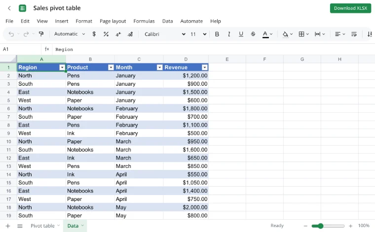 Pivot table — the “Data” sheet with 20 sales rows