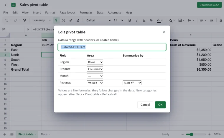 Pivot table — the “Edit pivot table” dialog with fields and areas