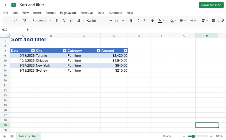 Filter in Excel — a sales table with a category filter turned on