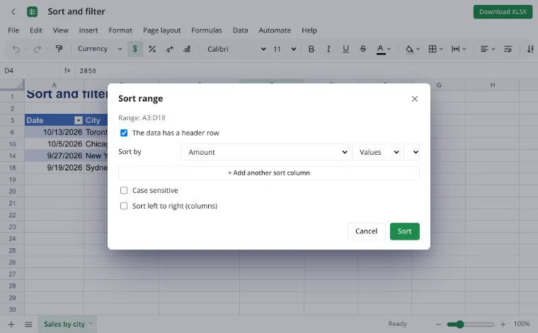 Filter in Excel — the “Sort range” dialog with levels and a header row