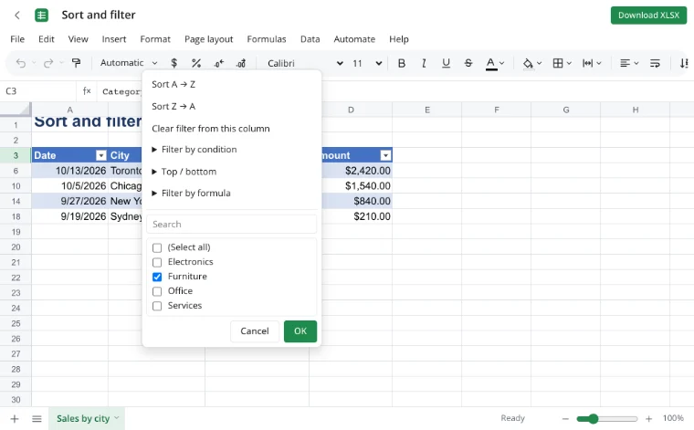 Filter in Excel — the column menu with conditions, search and the value list