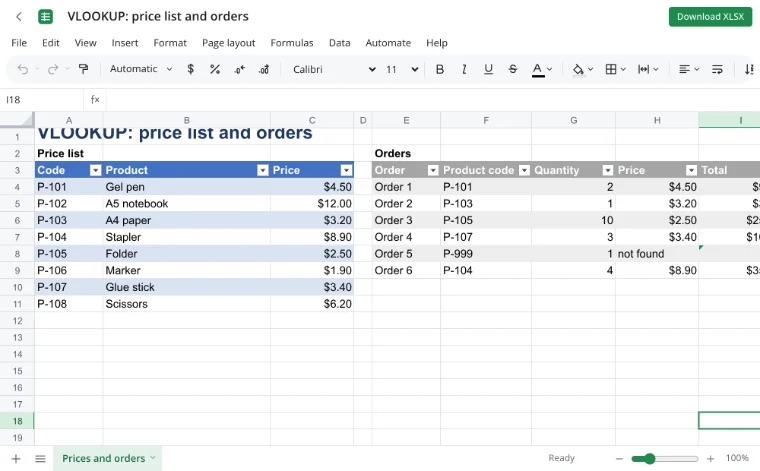 VLOOKUP — a price list and orders with prices looked up by code