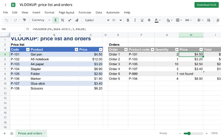 VLOOKUP — the price cell and =VLOOKUP(F4,$A$4:$C$11,3,FALSE) in the formula bar