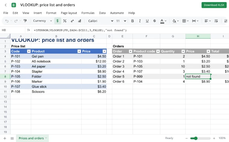 VLOOKUP — an order with an unknown code and the IFERROR formula