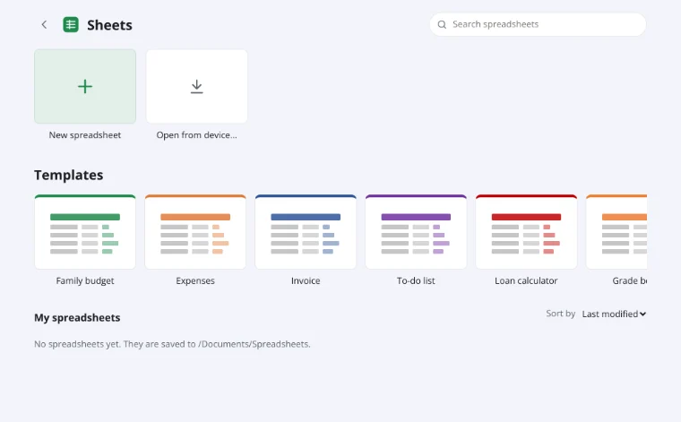 XLSX viewer — the home screen with the Open button and templates