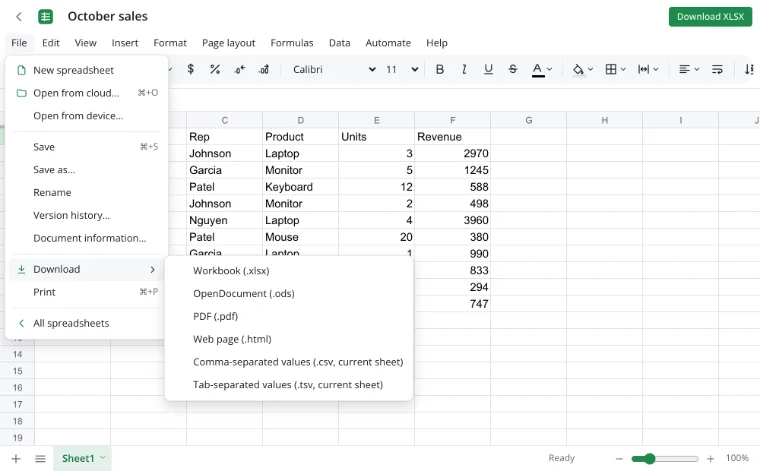 XLSX viewer — the download menu with the XLSX option