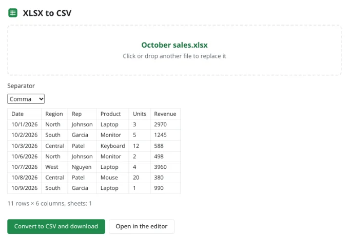 Convert XLSX to CSV: Choose sheet and delimiter